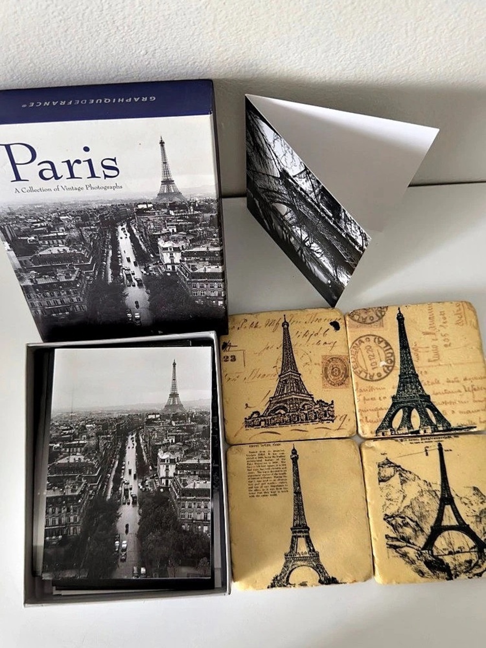 Paris Vintage Stationery 20 Cards & Envelopes + Eiffel Tower Coasters Bundle